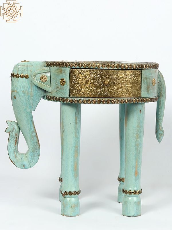 16" Wooden Sky Blue Elephant Design Stool / Table with Brass Work