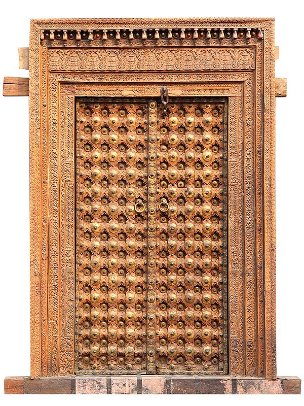 84" Large Traditional Entrance Door with Brass Work | Vintage Indian Door