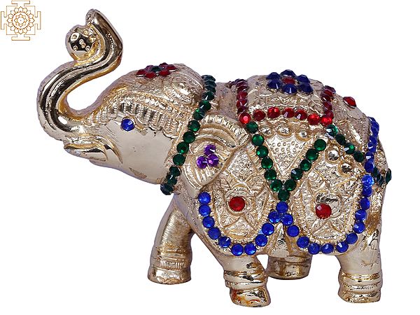 4" Brass Gold Plated Small Elephant Figurine with Stone Work