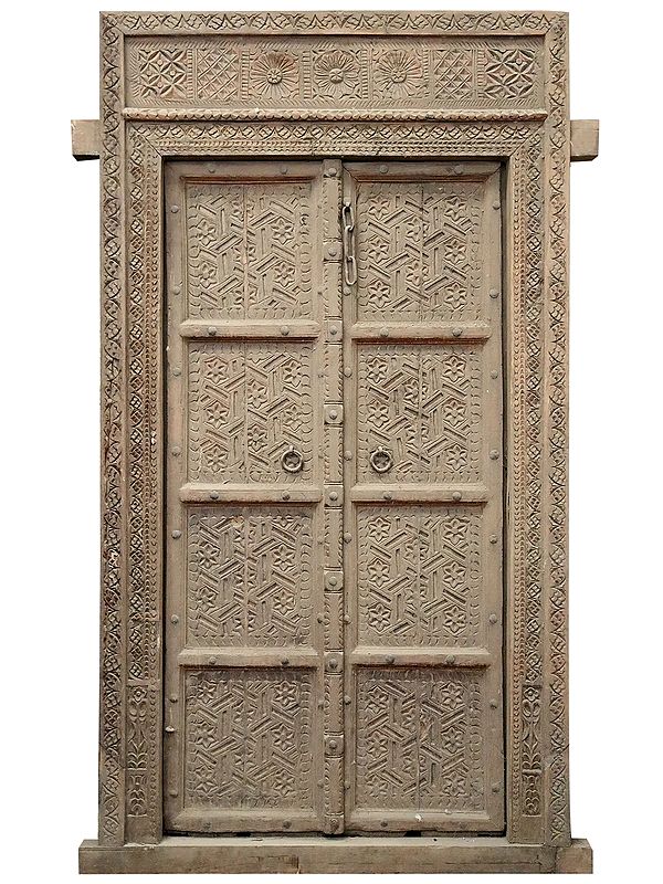86" Large Wooden Jodhpur Designer Front Door with Frame | Vintage Indian Door