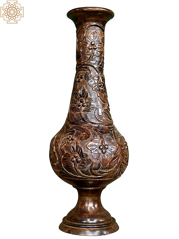 28'' Teak Wood Vase with Flowers Engraved | Wooden Handicrafts
