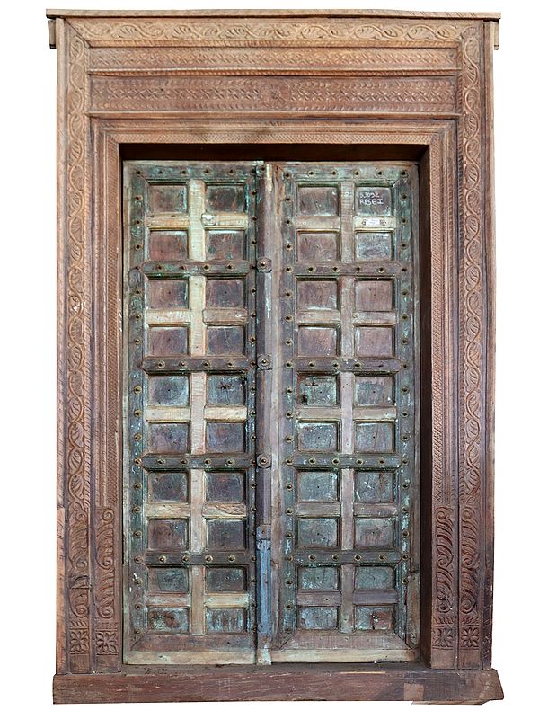 100" Large Hand Carved Wooden Door with Frame | Vintage Indian Door