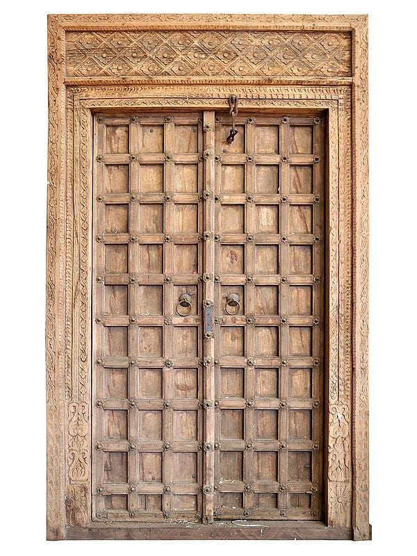 105'' Large Old Wooden Door With Finely Carved Borders | Vintage Doors From Rajsthan