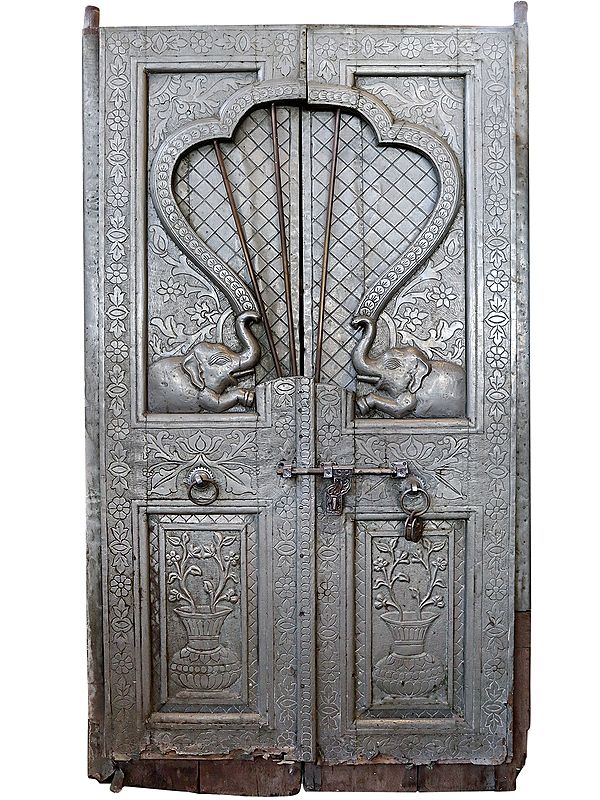79'' Large Old Grey Door With Carved Elephants and Vases | Vintage Doors From Rajsthan