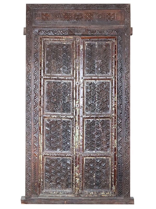 95" Large Wooden Hand Carved Door with Frame | Vintage Indian Door