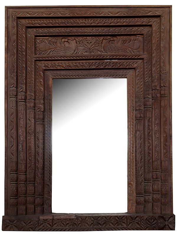 97" Large Mirror with Wooden Carved Designer Frame from Rajasthan