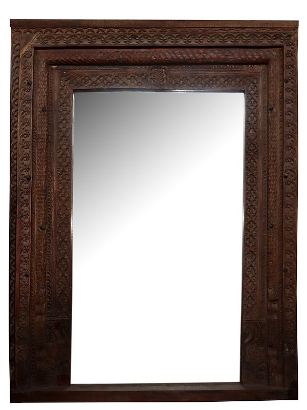 80" Large Mirror with Wooden Carved Frame from Rajasthan