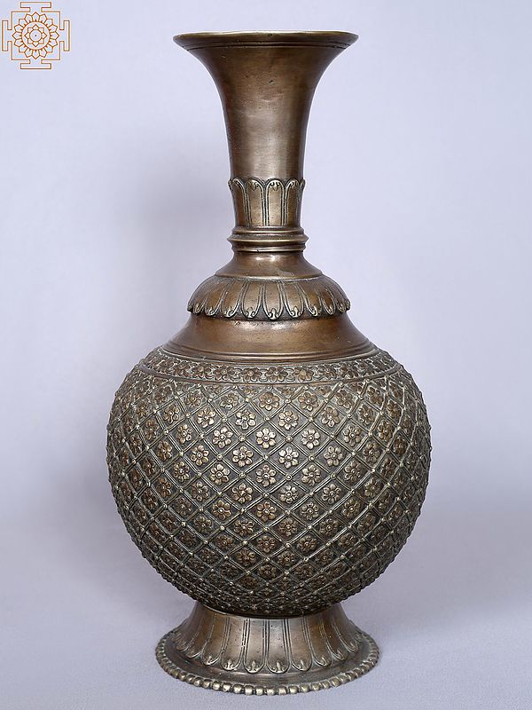 15'' Long Neck Pot With Flowers Design From Nepal | Copper Vase