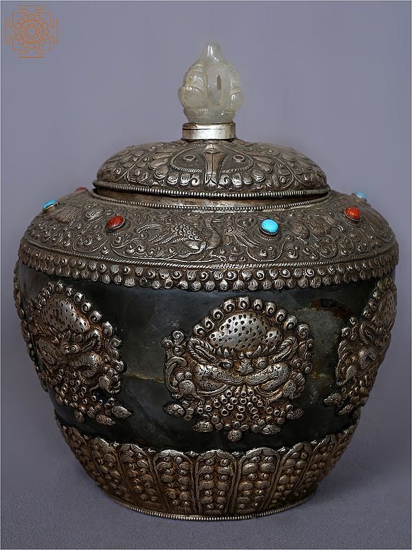 9'' Gulpa With Fine Detailing Of Art From Nepal | Copper With Silver
