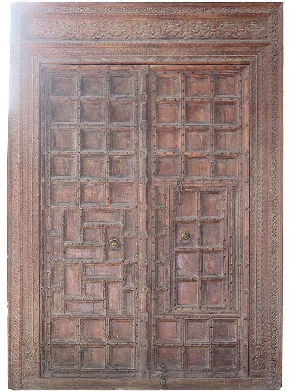 122" Large Wooden Square Design Door with Frame | Vintage Indian Door