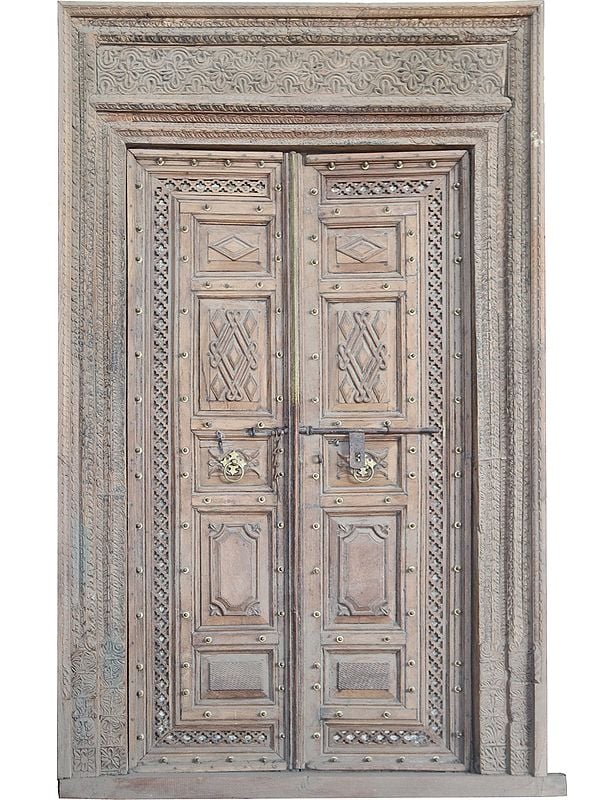 99" Large Wooden Designer Double Door with Frame | Vintage Indian Door