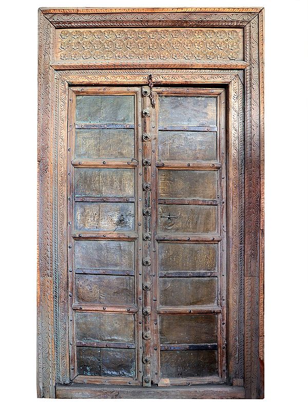 90" Large Wooden Door with Floral Carving Frame | Vintage Indian Door
