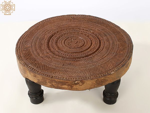 11" Wooden Carved Round Puja Chowki