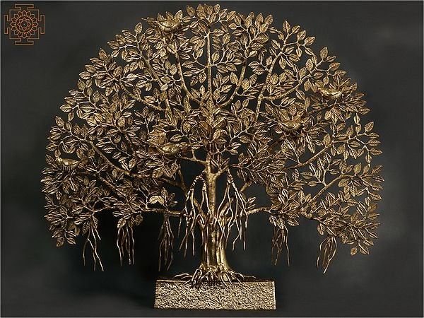 34" Large Tree of Life with Perched Birds in Brass