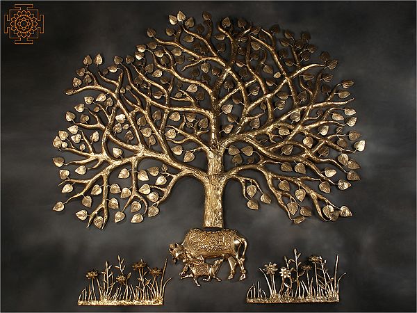 72" Super Large Brass Tree of Life with Cow and Calf and Flower Buds | Set of Four | Wall Decor