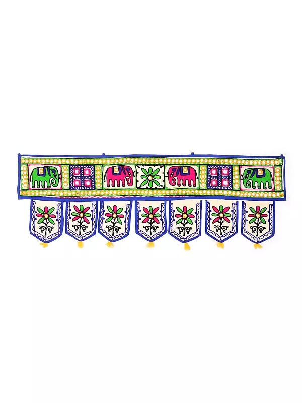 Ivory Auspicious Toran for the Doorstep with Embroidered Elephants and Mirrors