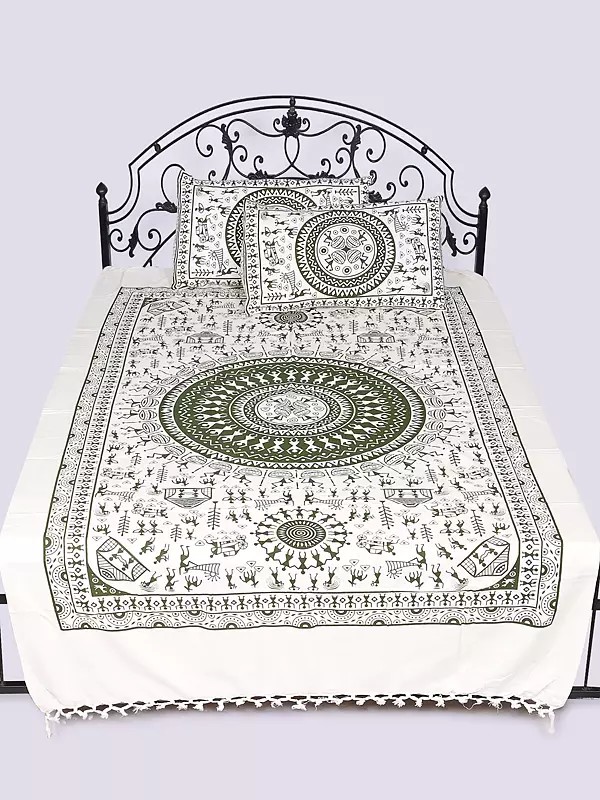 Lucent-White Single-Bed Bedspread with Pillow Cases and Printed Folk Figures Inspired By Warli Art