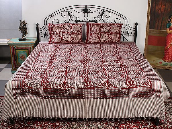 Rooswood-Red Striped Bedsheet from Pilkhuwa with Printed Leaves