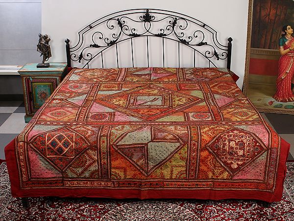 Garnet-Rose Bedspread from Gujarat with Ari-Embroidered Bootis and Mirrors All Over