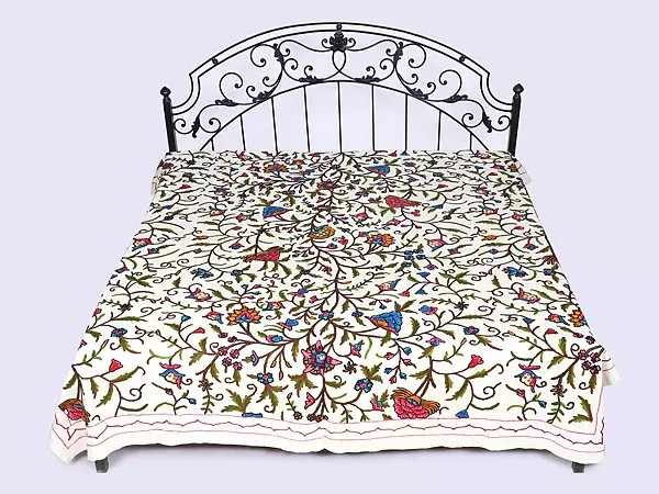 Ivory Bedspread from Kashmir with Ari-Embroidered Flowers in Multicolor Thread