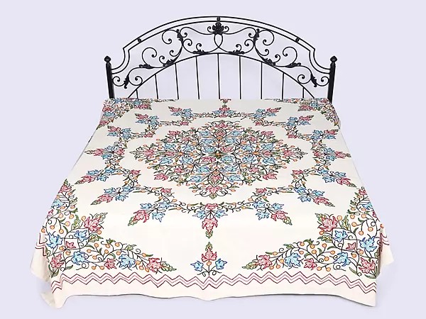 Off-White Bedspread from Kashmir with Ari-Embroidered Flowers In Multicolor Thread