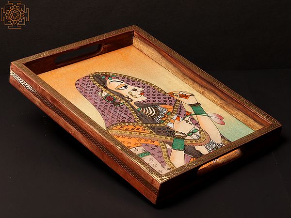 12" Wooden Mughal Tray with Indian Woman Painting