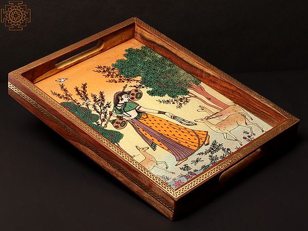 12" Wooden Tray with Village Lady and Deer Painting