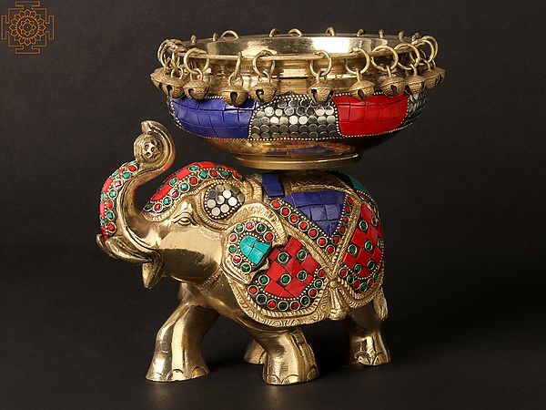 8'' Happy Elephant Carrying Urli | Brass With Inlay Work
