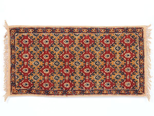Marzipan and Red Kalamkari Daboo Printed Yoga Carpet from Telangana