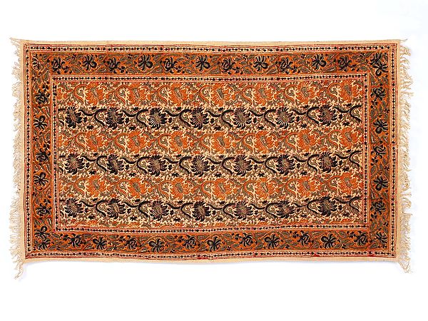 Orange Kalamkari Floral Printed Yoga Carpet from Telangana