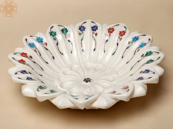 12" White Marble Urli with Flower Design Inlay Work