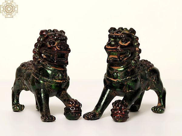 4" Small Pair of Chinese Guardian Lions in Brass