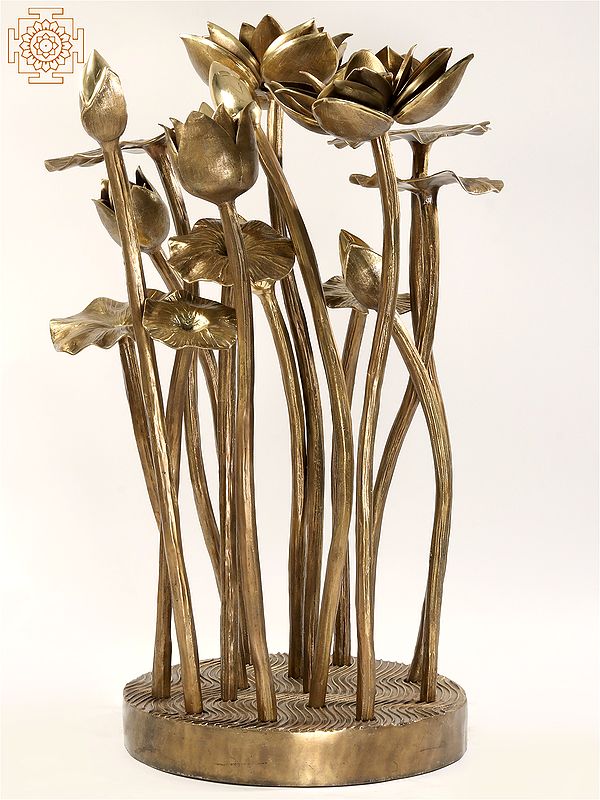 Large Bunch of Lotus Flowers and Buds with Stand in Brass | Home Decor
