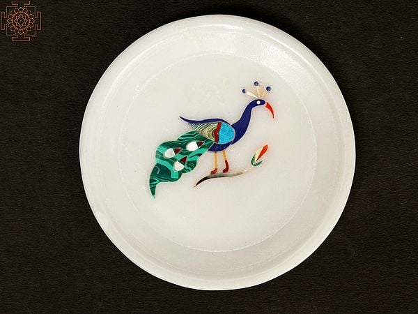 4" Small Peacock Design Round Plate in Marble with Inlay Work