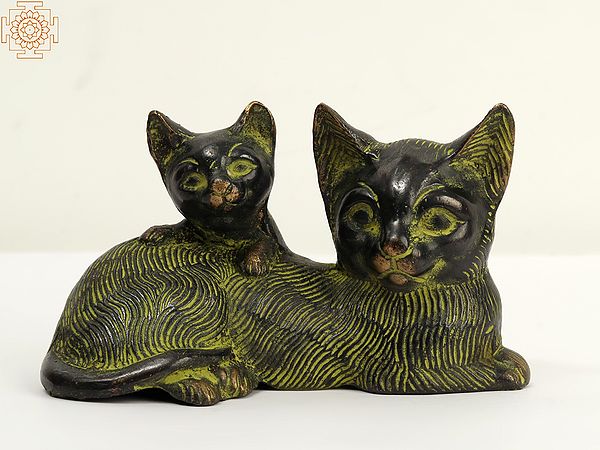 5" Small Brass Decorative Cat and Kitten Statue