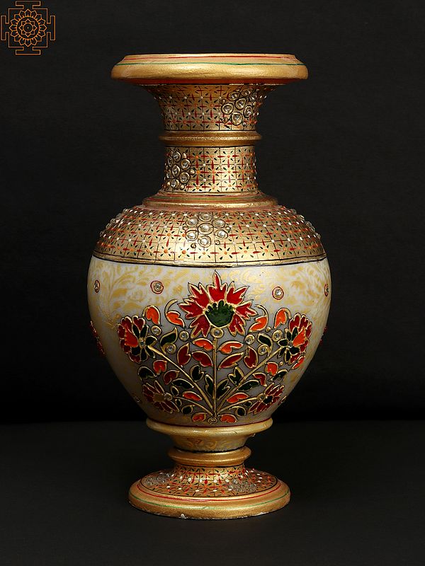 9" Designer Marble Flower Vase with Stone Work