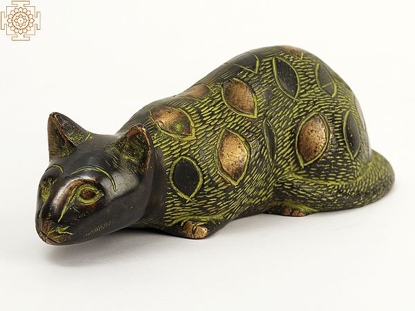 7" Brass Cat Statue In Hunting Pose | Home Decor