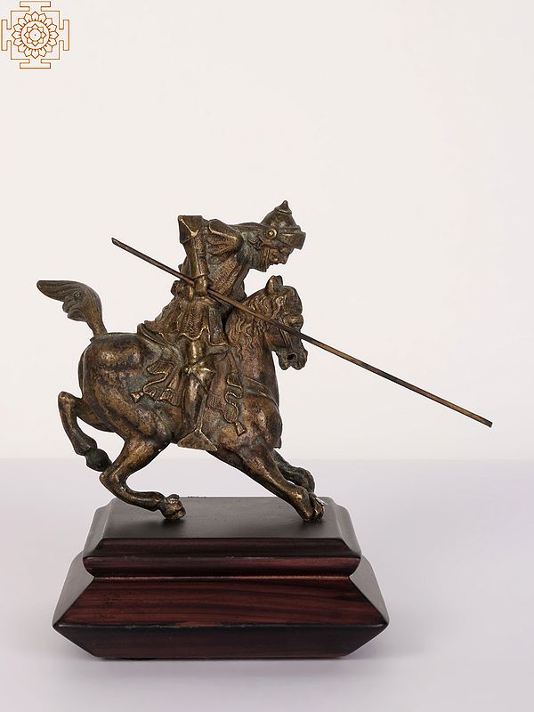 Horse Riding Warrior Bronze Statue on Wooden Base