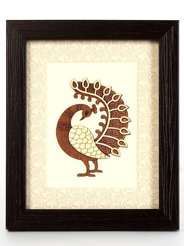 Peacock with Long Tail Wood Art with Frame | Table and Wall Decor Piece
