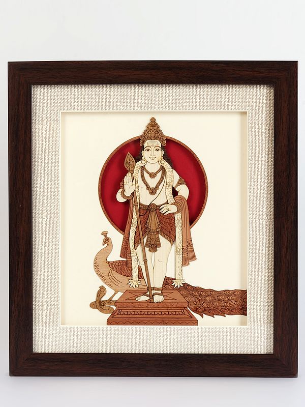 Lord Murugan with Peacock Wooden Art with Frame | Wall Hanging Decor