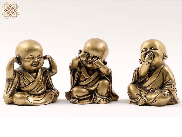 5" Small Set of 3 Wise Monks Baby Buddha Statues in Brass | Home Décor
