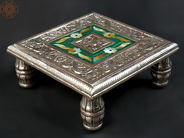 10" Designer Chowki | .999 Silver Cladding on Wood with Malachite and MOP Inlay