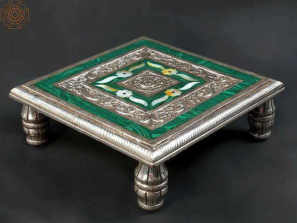 12" Designer Pedestal (Chowki) | .999 Silver Cladding on Wood with Malachite and MOP Inlay