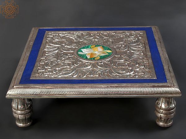 14" Designer Square Shape Chowki/Pedestal | .999 Silver Cladding on Wood with Malachite and MOP Inlay