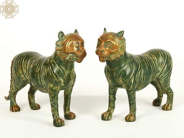 9" Brass Decorative Tiger Pair Figurine | Home Decor