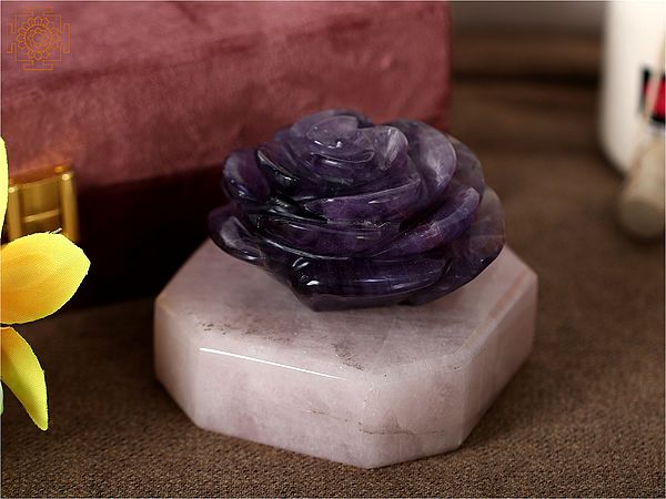 3" Small Rose Flower Made of Amethyst Stone with Rose Quartz Stone Base