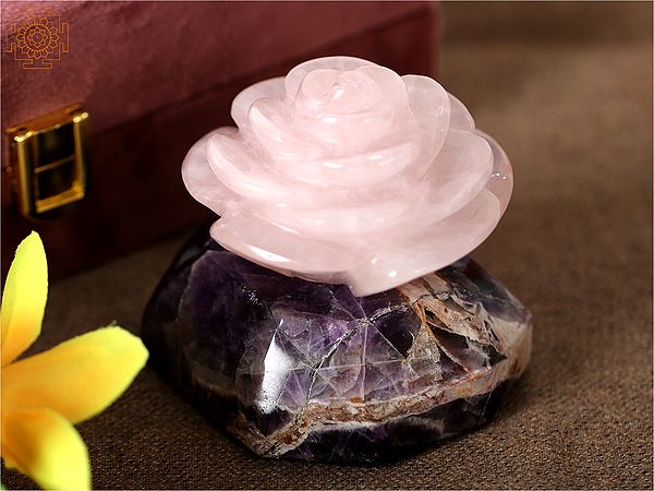 3" Small Pink Rose Flower Made of Rose Quartz Stone with Amethyst Base