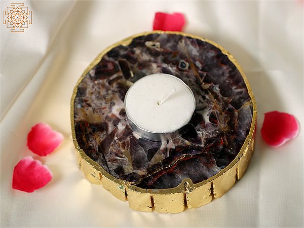 4" Small Natural Amethyst Agate Crystal Candle Holder with Gold Edge