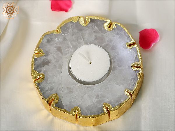 4" Small Natural White Quartz Crystal Candle Holder with Gold Edge