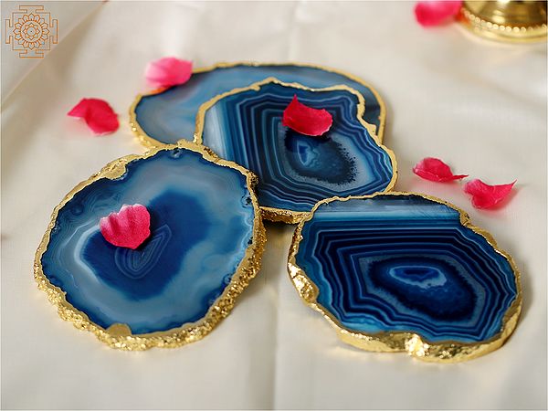 4" Small Blue Agate Stone Crystal Coasters with Gold Edge (4 Piece Set)